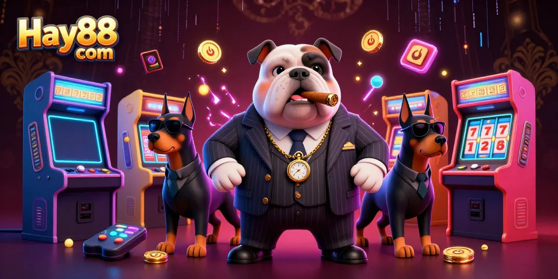 Engage in gaming thrills at Hay88 com with a vibrant 3D casino scene featuring a mafia bulldog and stunning visuals.