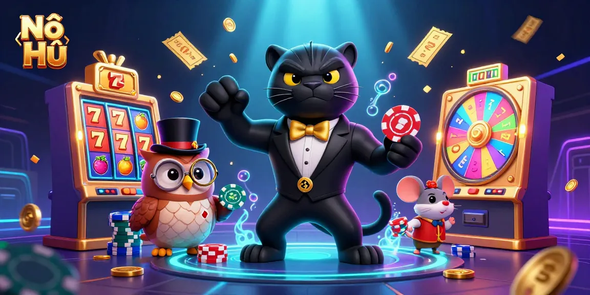 Nổ Hũ reveals vibrant slot activity with a stylish panther, an owl, and a lucky mouse amid dynamic casino elements.