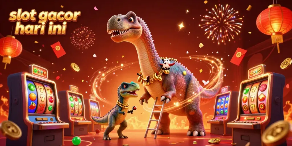 Gambarkan slot gacor hari ini dengan brontosaurus dan raptor di kasino yang semarak.