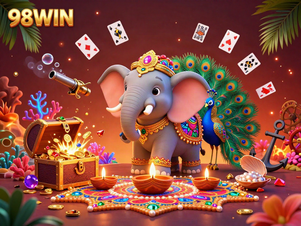 Experience the excitement of 98WIN with vibrant 3D illustrations featuring a Diwali-themed elephant and gaming elements.