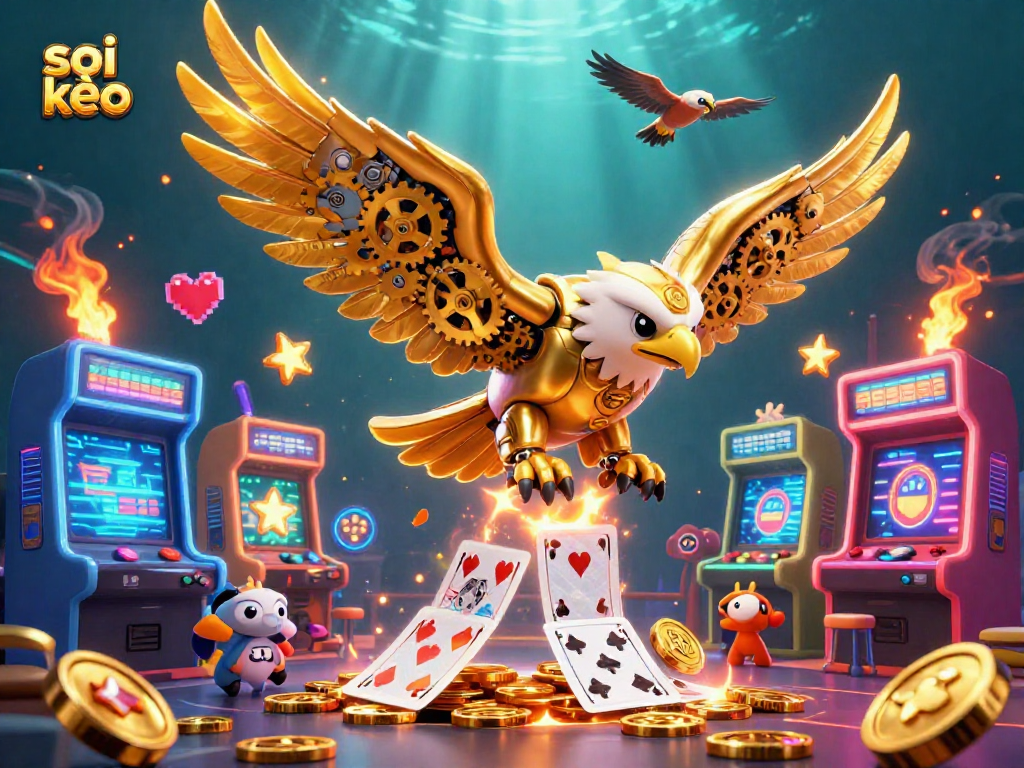 Engage with soi kèo while a cybernetic eagle dives through playing cards in a vibrant casino setting.