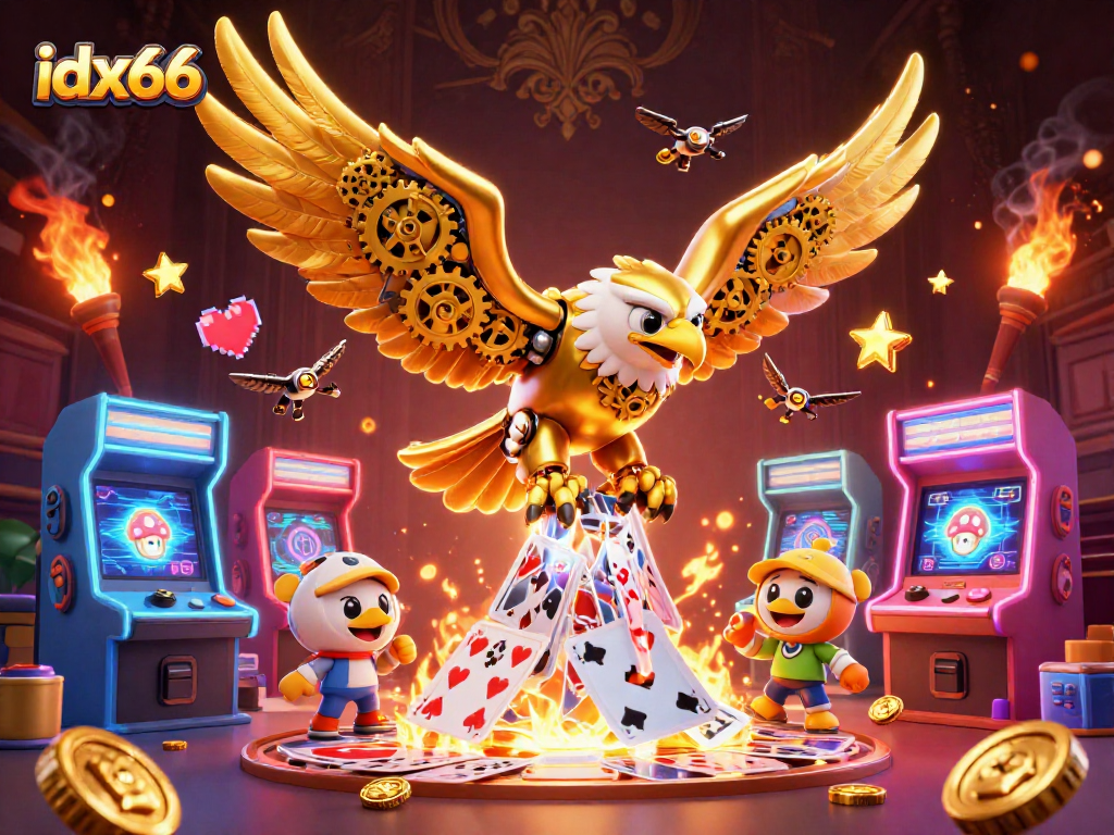 idx66 memicu aksi seru dengan permainan kasino, penguin emas futuristik, kartu holografik, dan mesin arcade.
