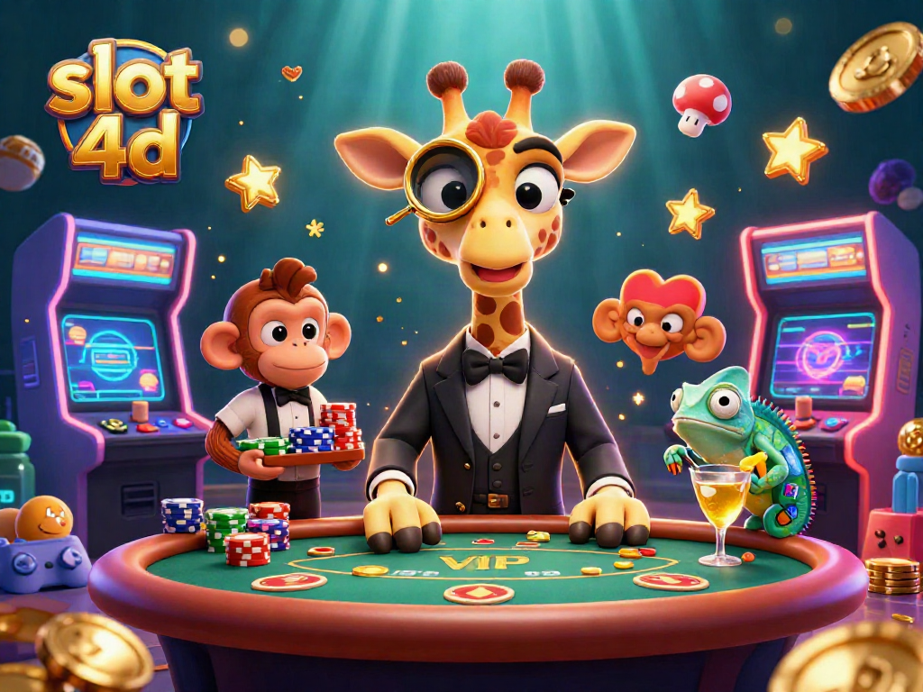 Nikmati sensasi bermain slot 4d dengan ilustrasi kasino penuh warna dan karakter unik.