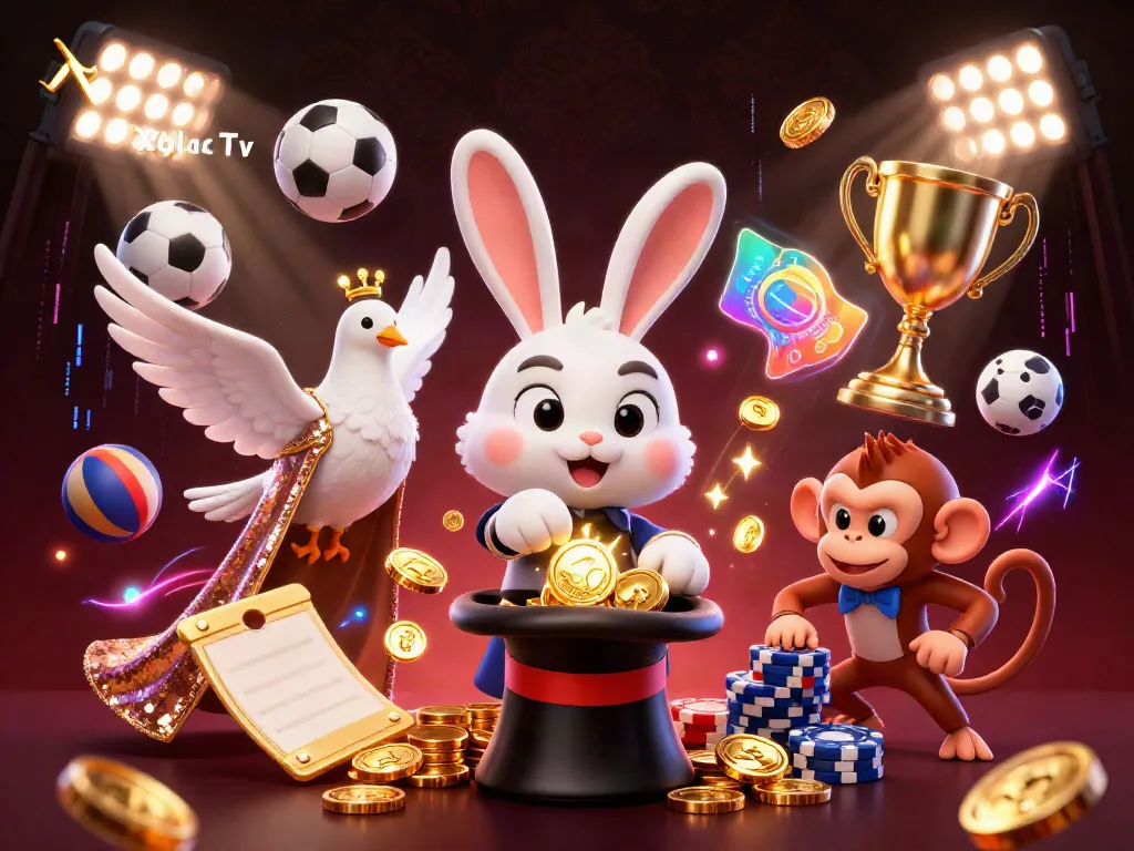 Xoilac Tv showcases a magician rabbit pulling coins, with sports elements and vibrant energy.