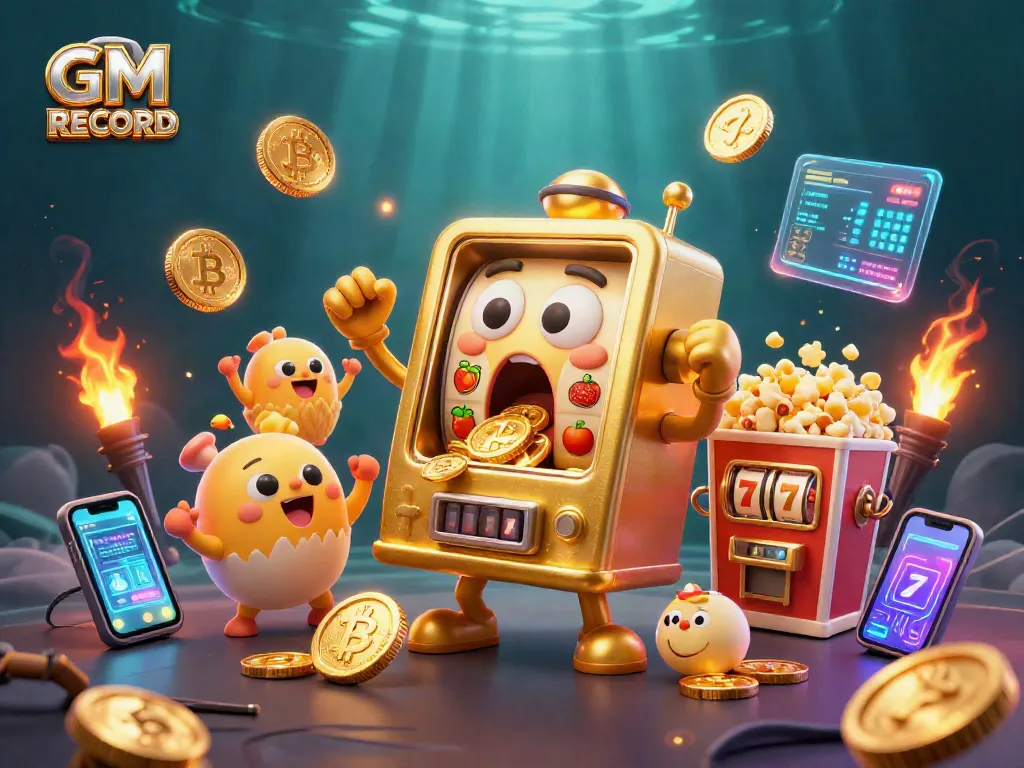 Experience GM RECORD jackpots with a golden slot machine celebrating wins, surrounded by vibrant casino elements.