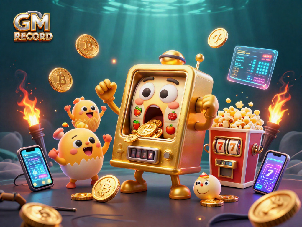 Experience GM RECORD jackpots with a golden slot machine celebrating wins, surrounded by vibrant casino elements.