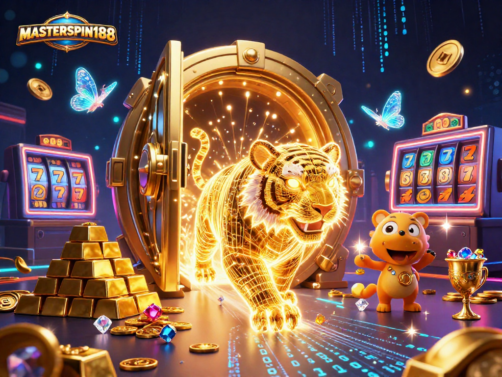 Experience the thrill of MASTERSPIN188 with a vibrant digital casino scene featuring a golden tiger.