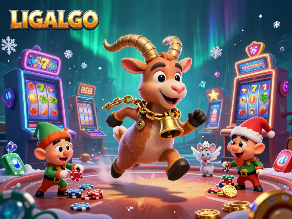 LIGALGO casino scene featuring a Krampus goat running a holiday-themed slot machine game with colorful elements.