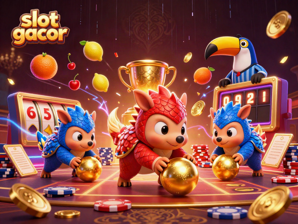 Experience slot gacor wins with lively pangolins playing amidst vibrant slot elements and poker chips.