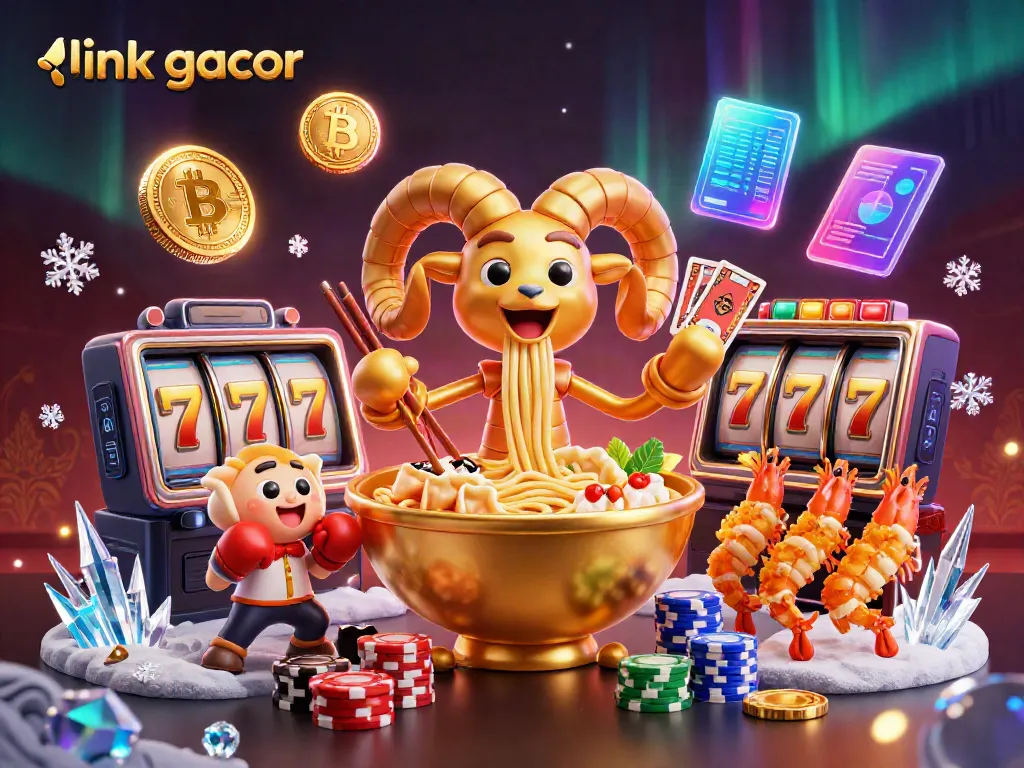 Engage in exciting slot gameplay with link gacor as a vibrant ramen bowl character delivers cards in a colorful casino scene.