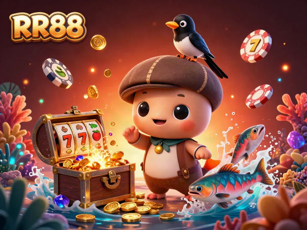Experience the thrill of RR88 with playful characters and rich casino elements in a vibrant underwater scene.