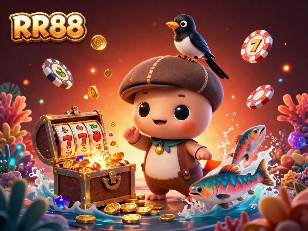 Experience the thrill of RR88 with playful characters and rich casino elements in a vibrant underwater scene.