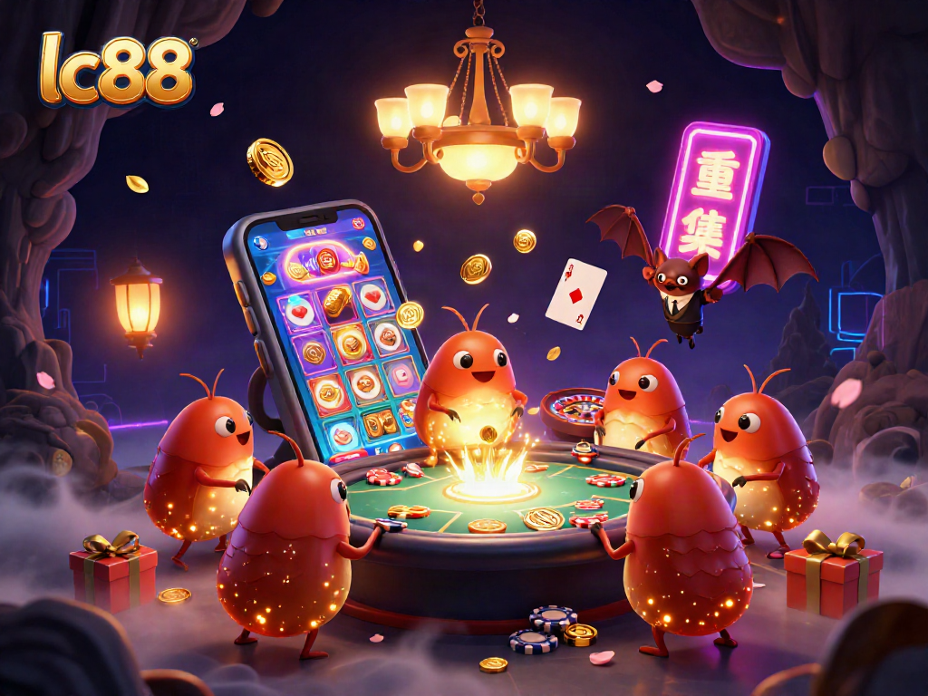 Engage with the vibrant lc88 casino scene showcasing glowworms and a bat dealer lighting up the gaming environment.