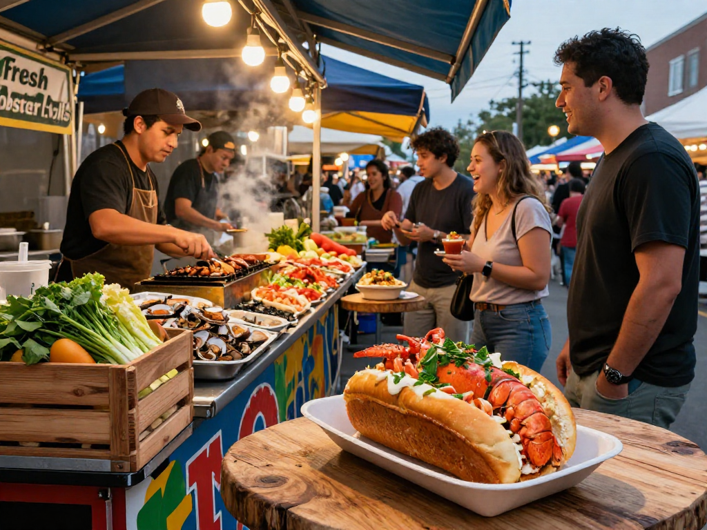 Enjoying delicious slot gacor-style lobster rolls in a vibrant food market.