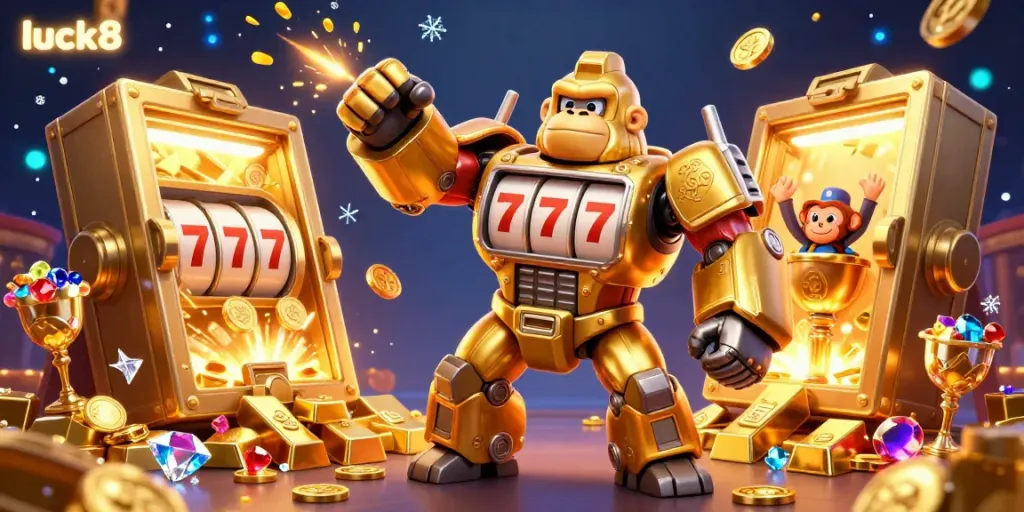 Join the luck8 adventure with a golden gorilla mech celebrating casino wins amidst treasures.