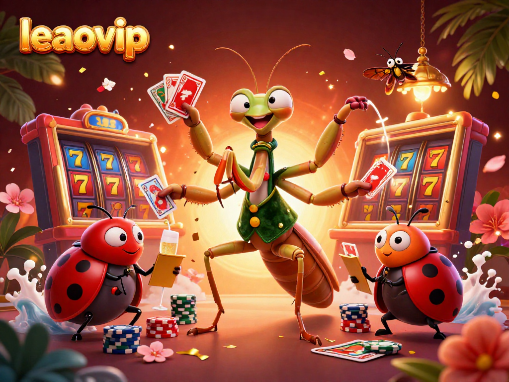 Keberuntungan di leaovip: Mantis prajurit kartu menangani slot dengan elemen jackpot yang berkilauan.