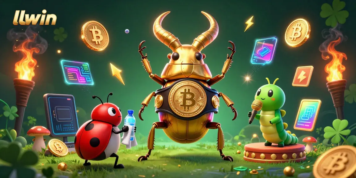 llwin's dynamic gambling scene featuring a golden stag beetle boxer surrounded by crypto coins and gaming elements.