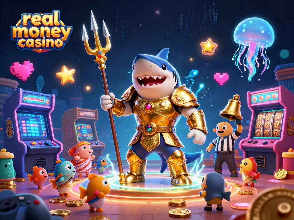 The dynamic scene showcases a real money casino theme, featuring a golden gladiator tiger shark in an underwater colosseum with vibrant arcade elements.