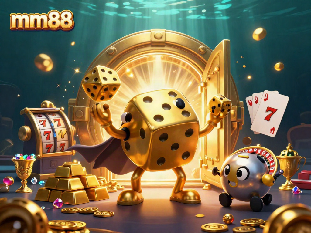Engage with mm88 through this vibrant 3D digital illustration showcasing dynamic gaming elements and rich casino-themed graphics.