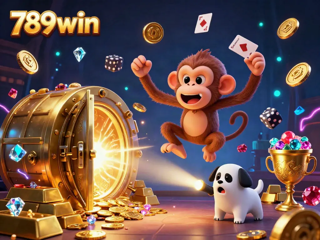 Experience the thrills of 789win in this haunted casino scene featuring a mischievous monkey and a curious puppy.