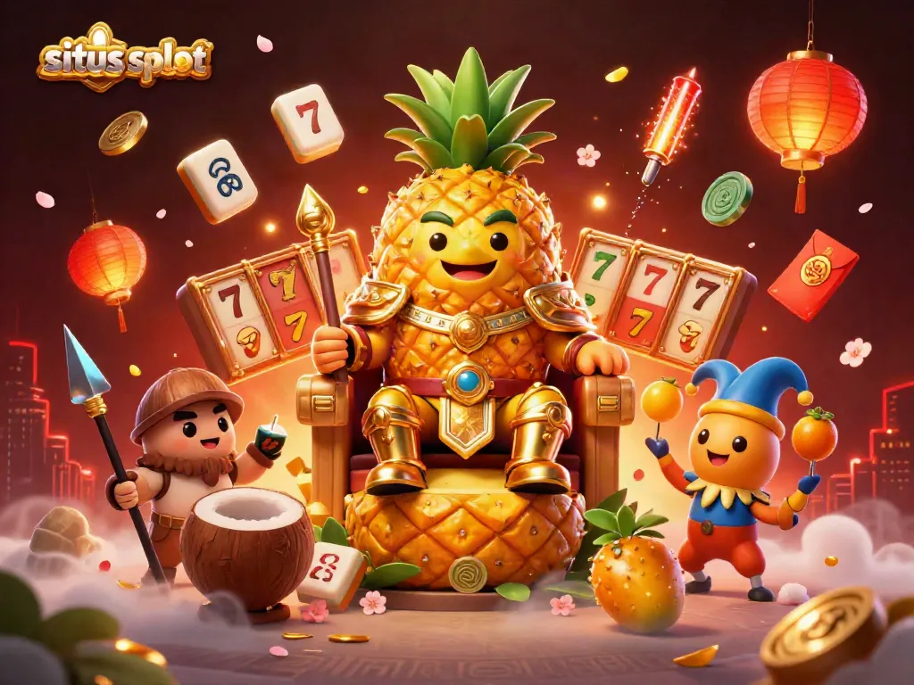 Experience thrilling gameplay with the vibrant illustration of situs slot featuring a golden pineapple king and lively characters.