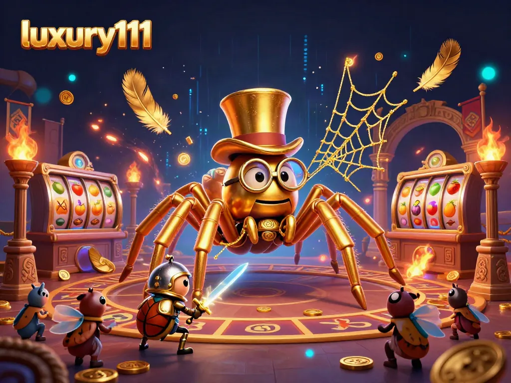 Experience the excitement of luxury111 with a vibrant casino scene featuring a golden tarantula and beetle knight.