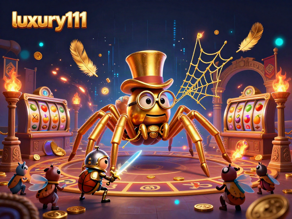 Experience the excitement of luxury111 with a vibrant casino scene featuring a golden tarantula and beetle knight.