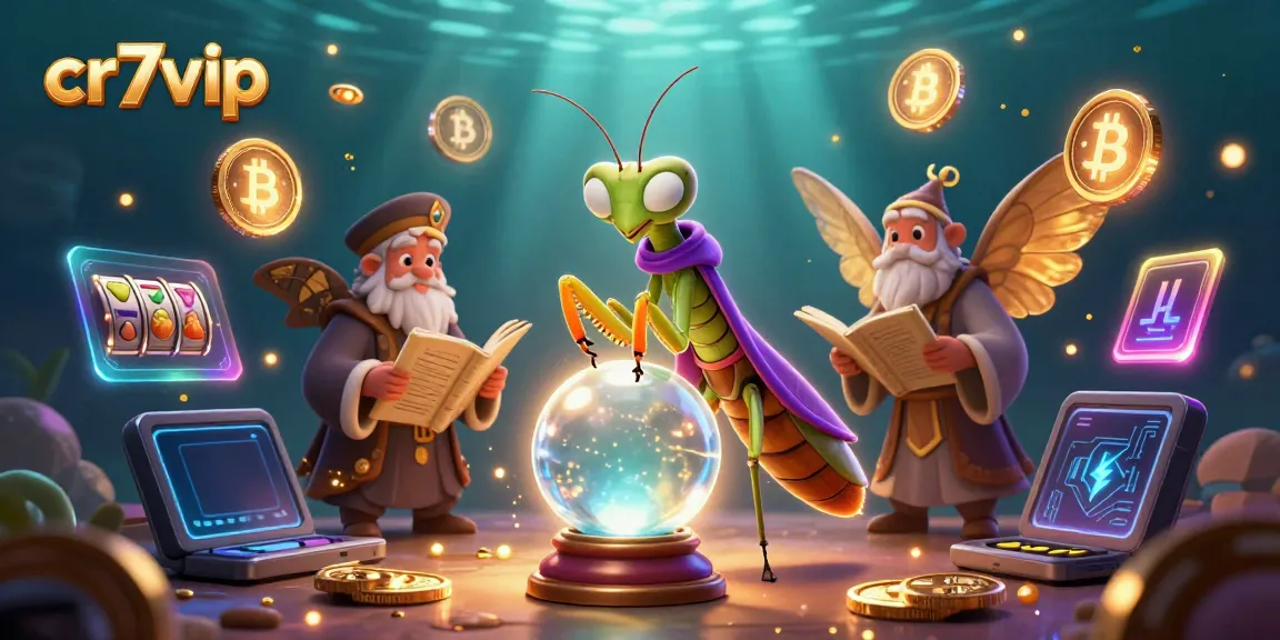 cr7vip menampilkan ilustrasi 3D kartun peramal dan moth, dipadukan dengan elemen kasino dan koin kripto.