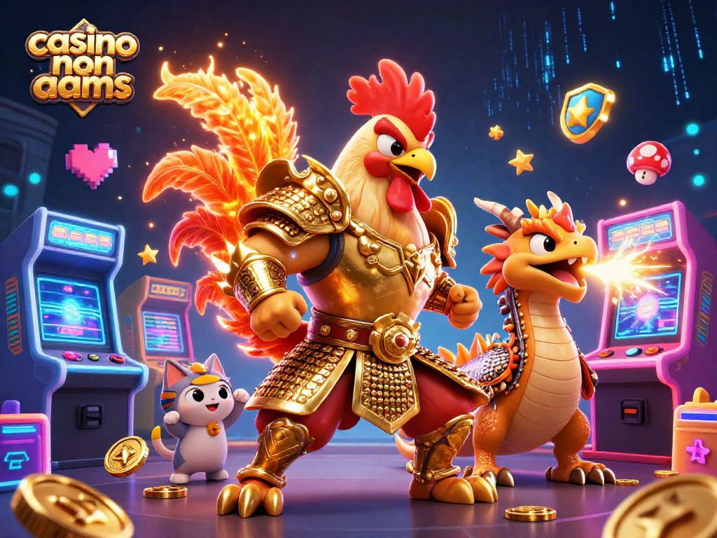 Gioca su casino non AAMS con il guerriero gallo e il drago, circondati da slot e giochi scintillanti.