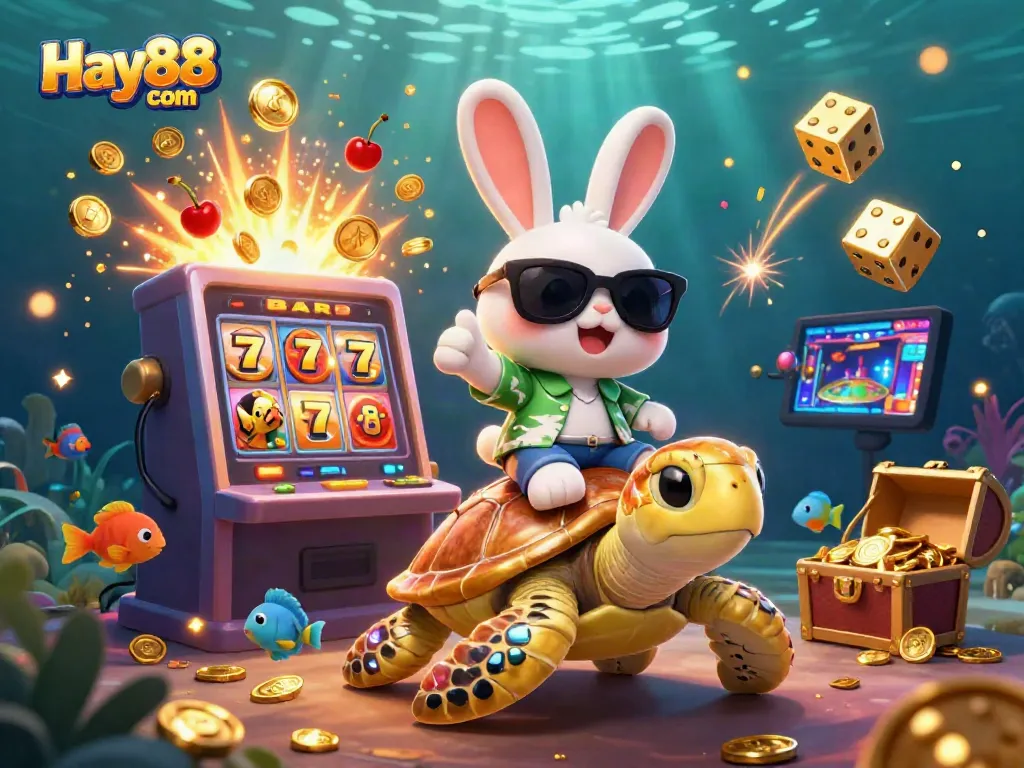 Spin and win at Hay88 com with 3D lucky rabbit and golden turtle in vibrant casino scene.
