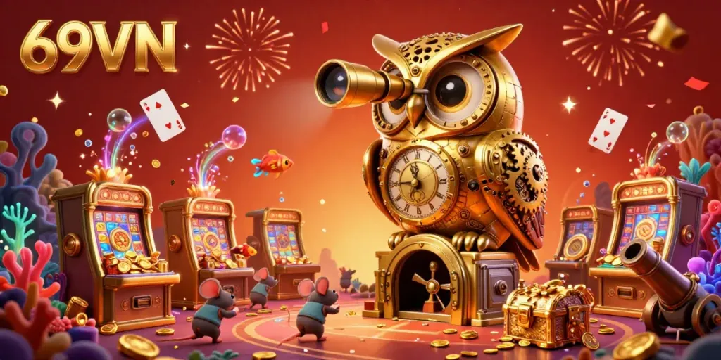 Experience thrilling casino adventures with 69VN, where a golden owl oversees vibrant slot machines and floating treasures.