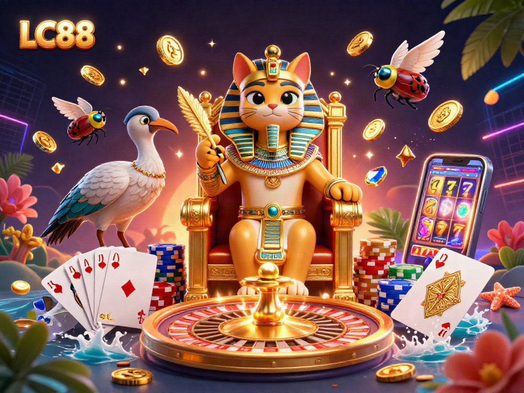 Join the fun at LC88 with this vibrant digital art showcasing thrilling casino games and golden treasures.