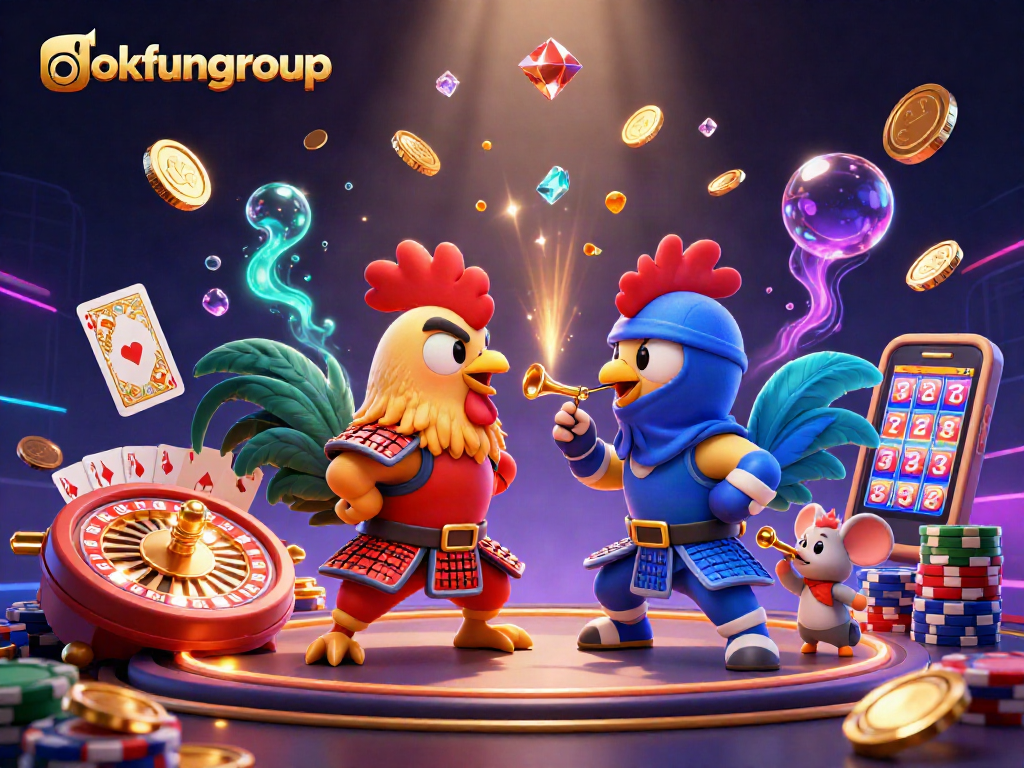 Experience thrilling action with okfungroup's dynamic rooster showdown amidst a vibrant casino backdrop.