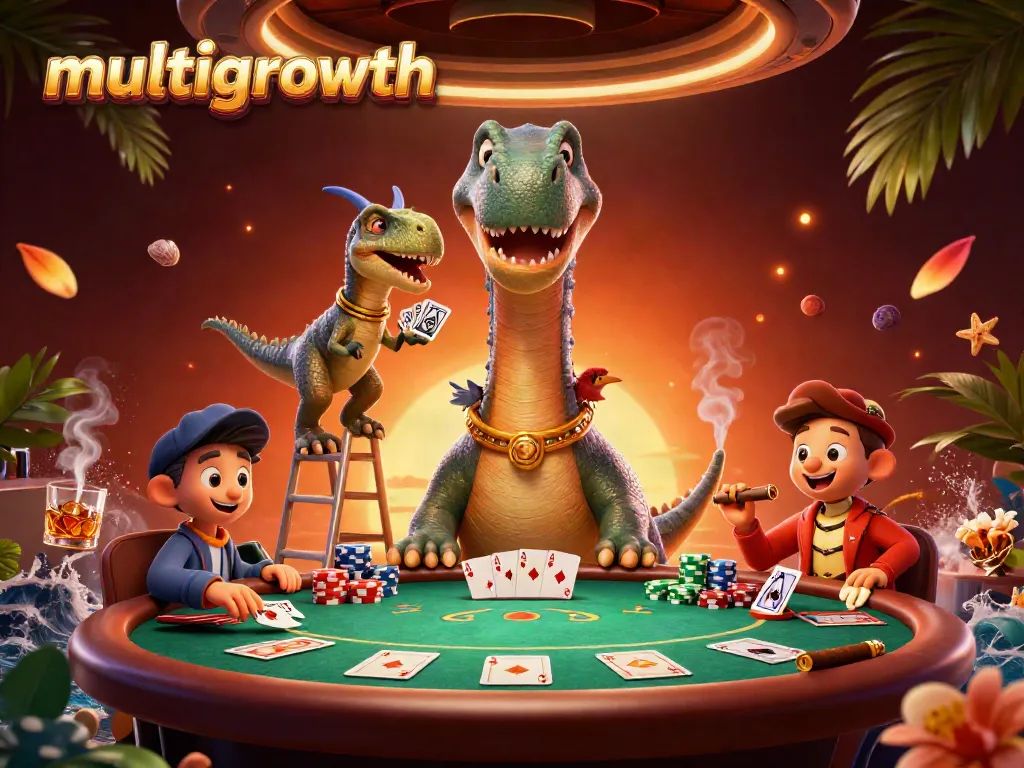 Engaging multigrowth casino scene featuring a giant brontosaurus with poker elements.