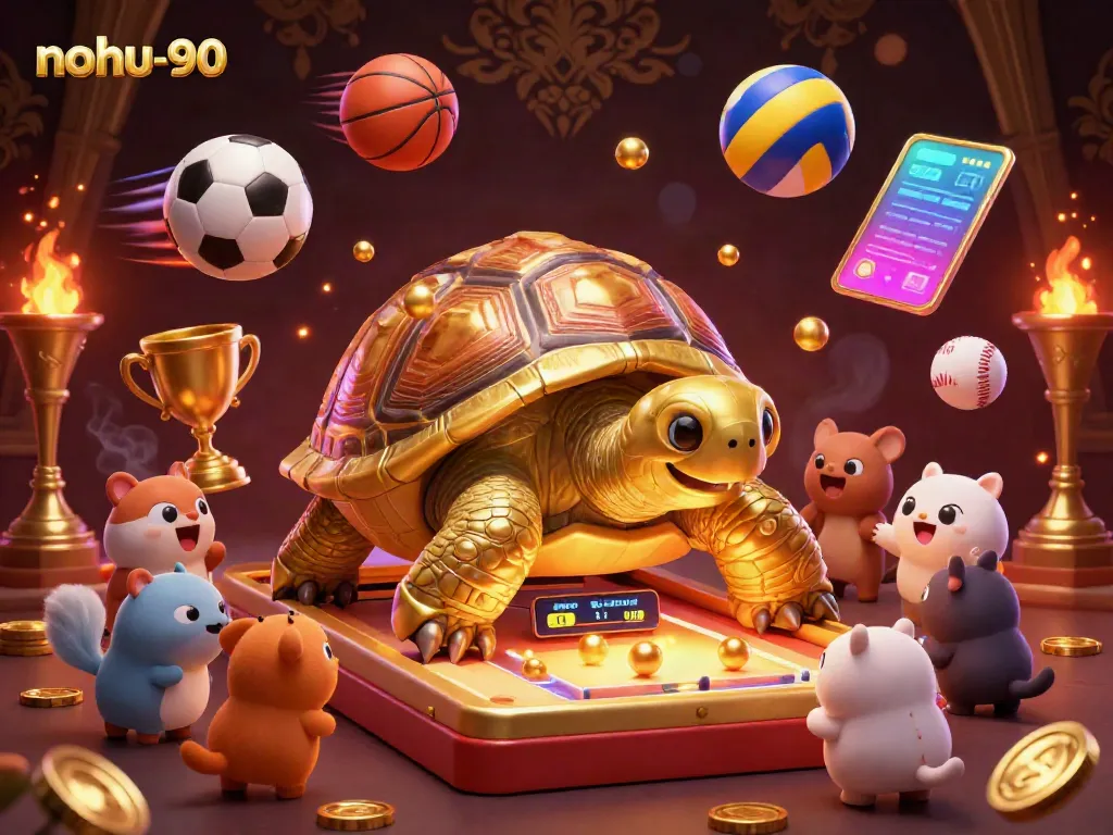 Experience the thrill of nohu-90 with a cartoon tortoise pinball machine, surrounded by excited animals and dynamic sports elements.