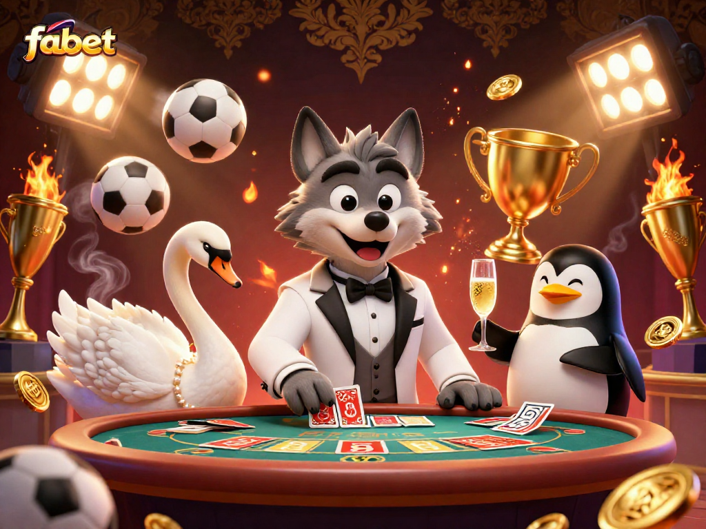 Engage in thrilling baccarat at fabet with a curated 3D scene of sophisticated characters and dynamic sports elements.