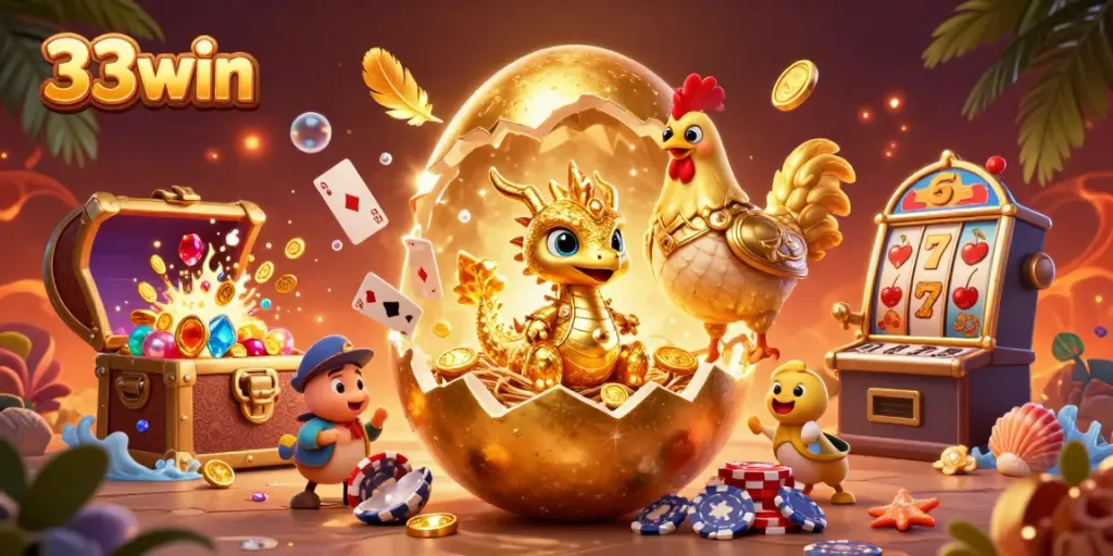 Engage with the thrilling world of 33win, featuring a golden baby dragon and dynamic casino elements.
