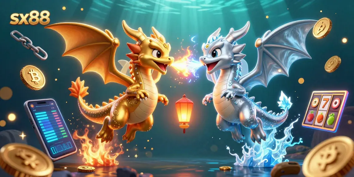 SX88 players engage with cartoon dragons amidst vibrant casino elements, winning big with slot reels.