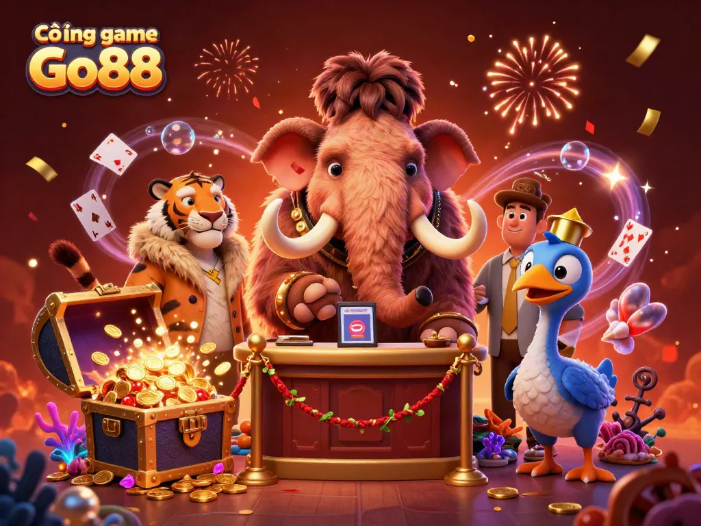 Cổng game Go88 showcases vibrant characters and gambling elements in a dynamic casino scene.