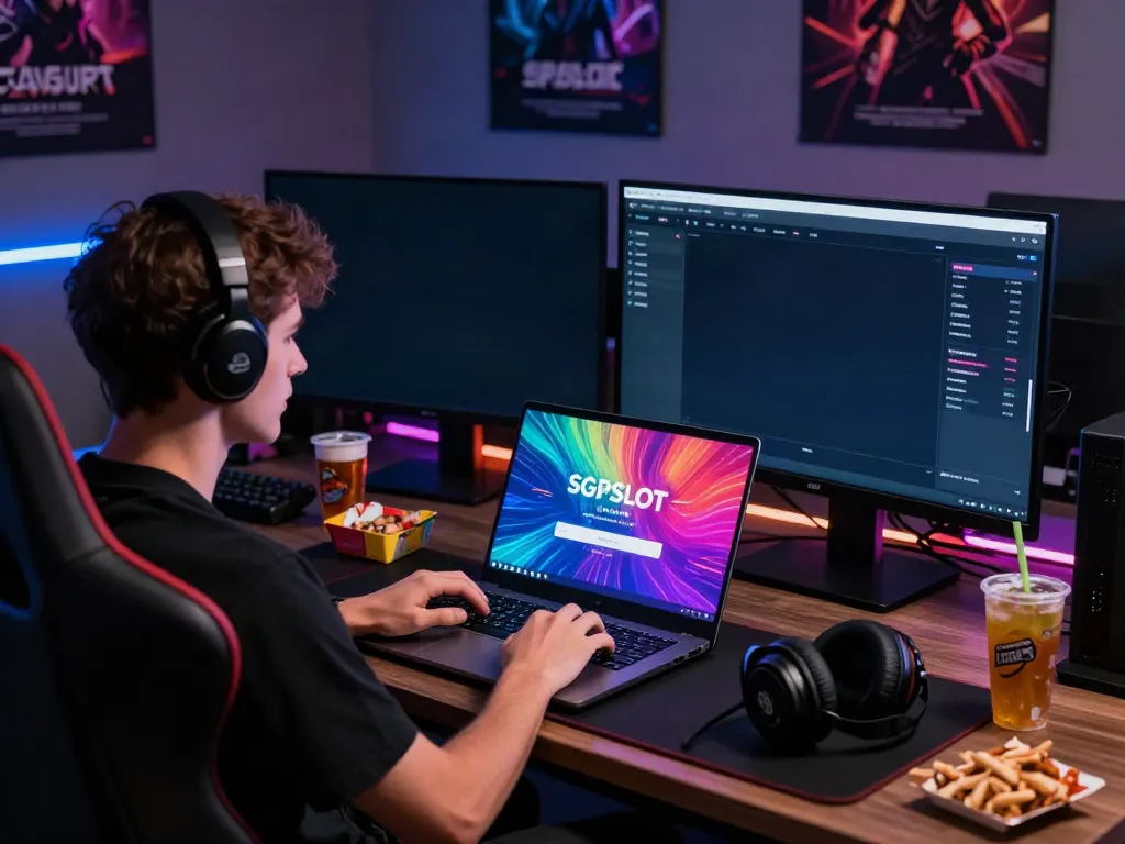 Engaging with sgpslot link login on a laptop in a vibrant gaming setup.