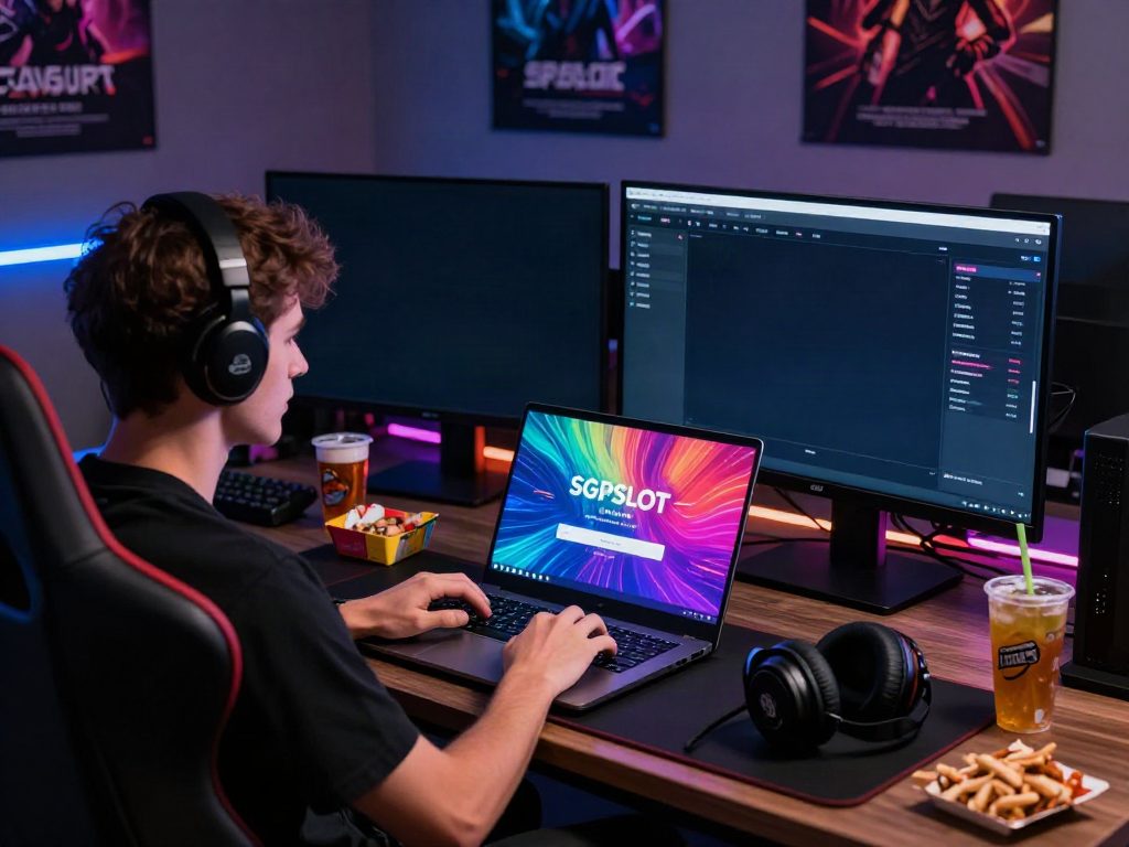 Engaging with sgpslot link login on a laptop in a vibrant gaming setup.