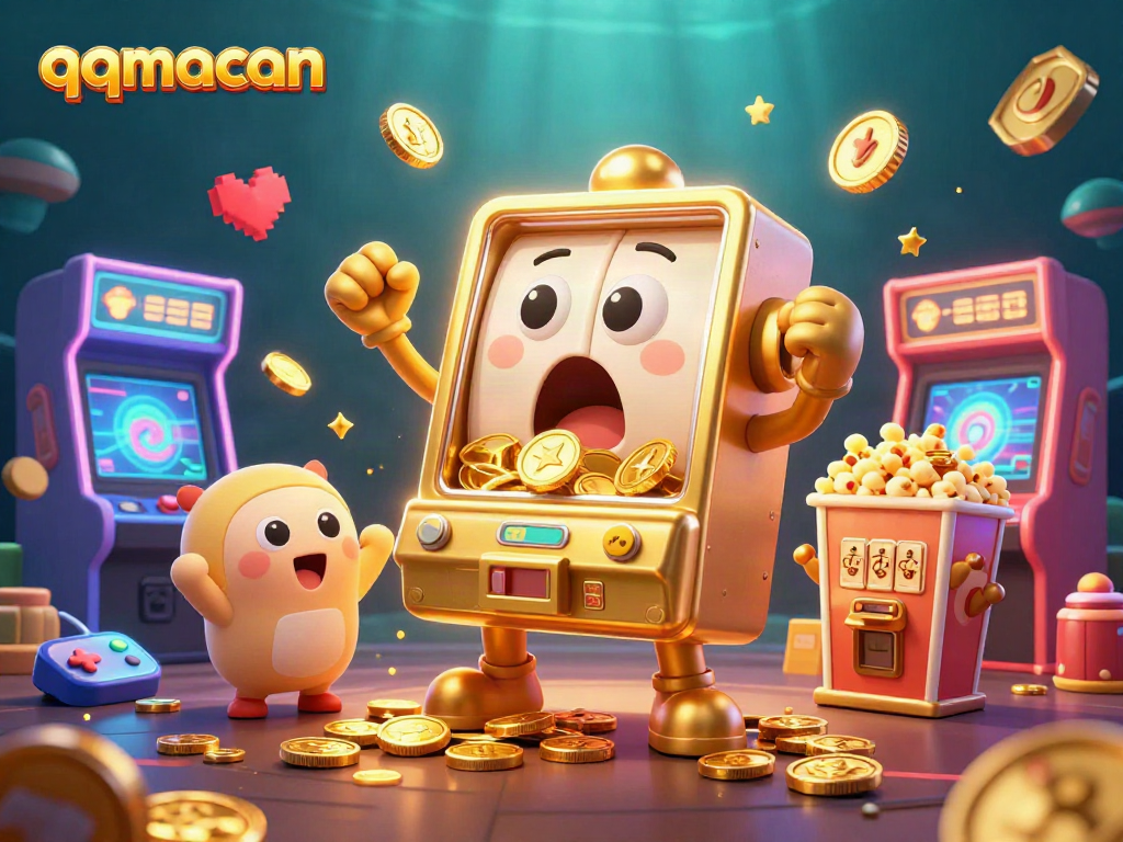 Momen luar biasa saat qqmacan memicu jackpot, dengan mesin slot emas dan kerumunan mesin kecil bersorak.