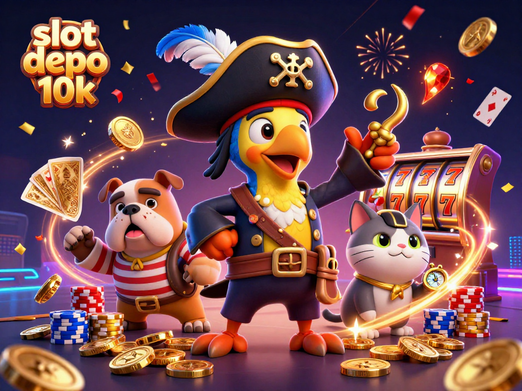 Engage with slot depo 10k and spin vibrant slot reels while celebrating with a pirate-themed casino scene.