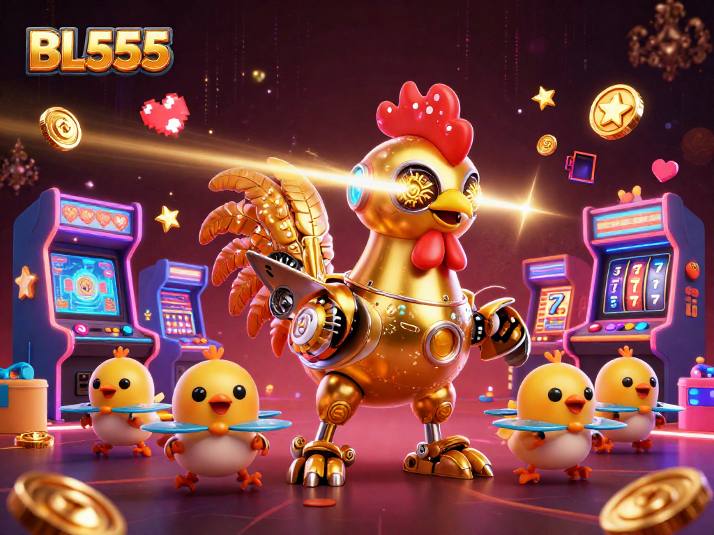 Engage with BL555's gaming adventure featuring a golden rooster robot, vibrant casino elements, and exciting gameplay.