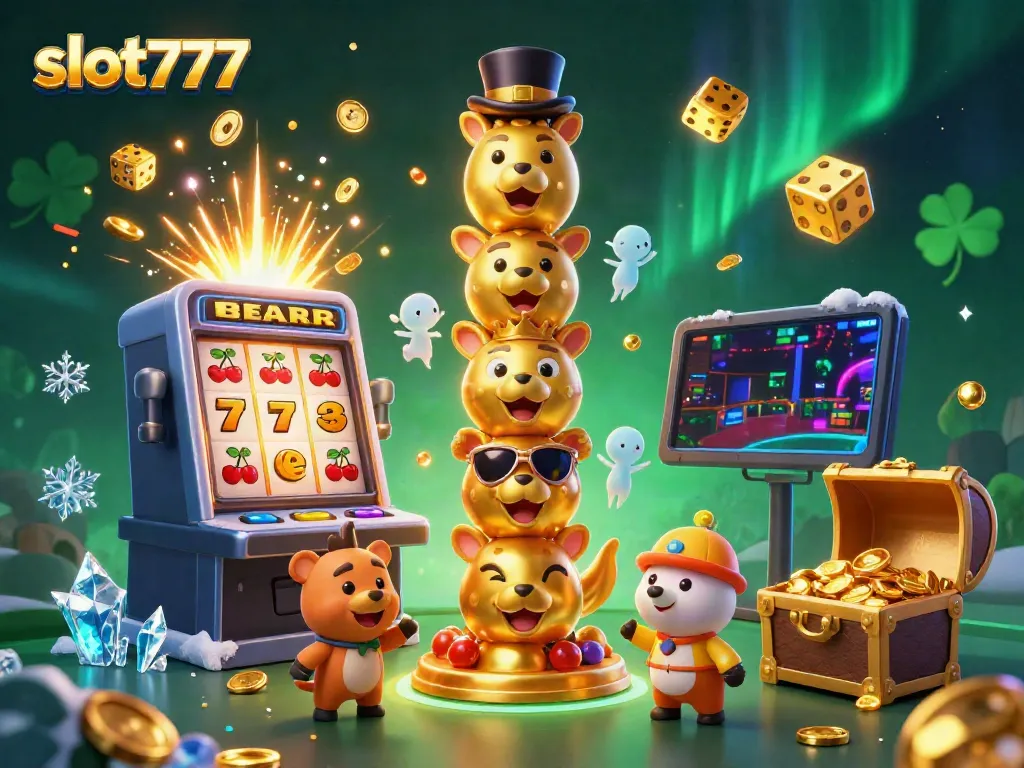 Experience excitement with slot777 in an ultradetailed 3D casino illustration showcasing a dynamic totem, slots, and colorful effects.