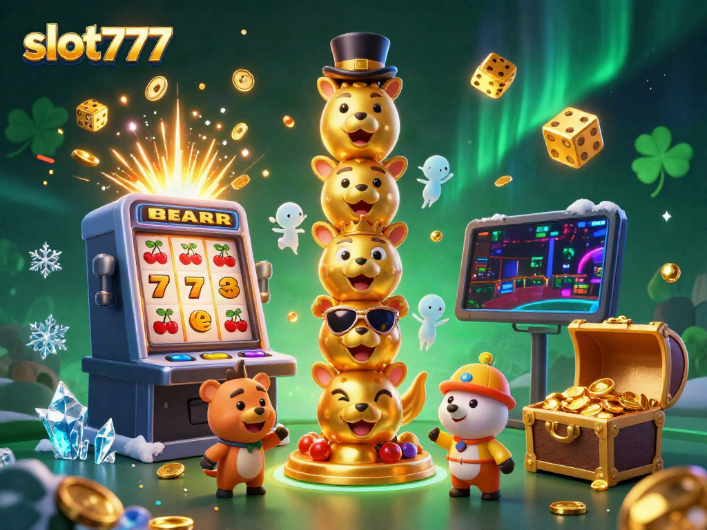 Experience excitement with slot777 in an ultradetailed 3D casino illustration showcasing a dynamic totem, slots, and colorful effects.