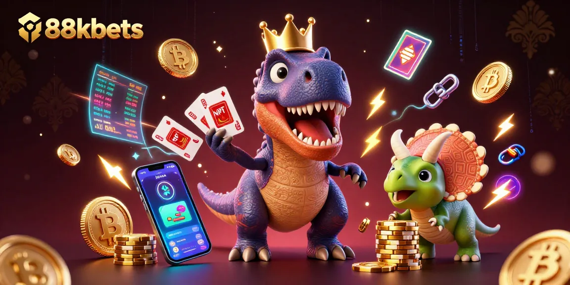 88kbets showcases a lively casino scene with a T-Rex shuffling cards and glowing cryptocurrencies.