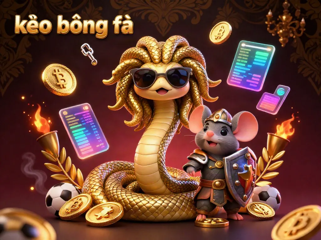 Engaging 3D illustration highlighting "kèo bóng đá" with Medusa and a warrior mouse, surrounded by crypto coins and sports betting elements.