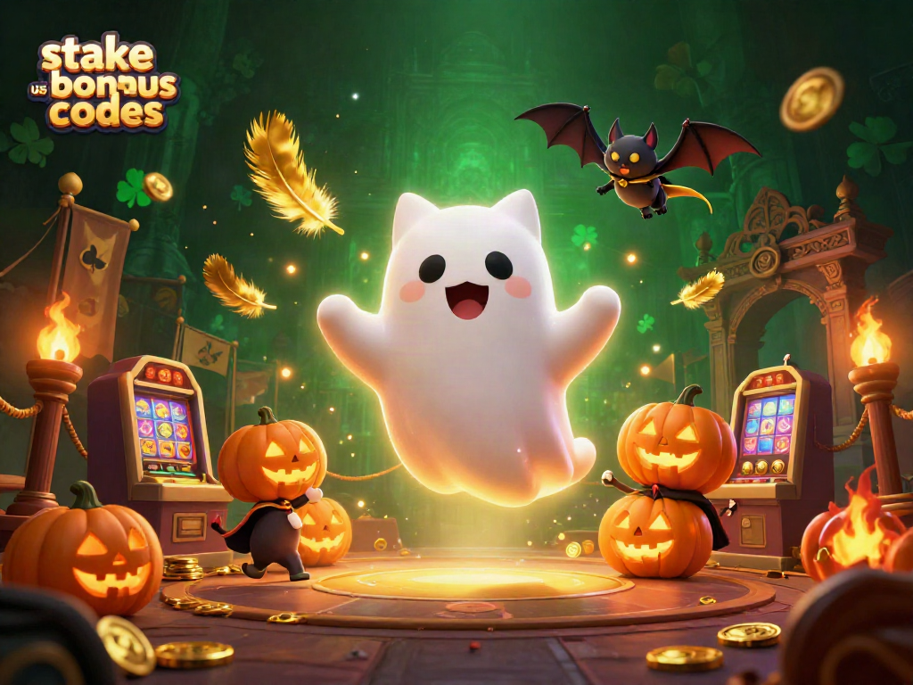 Engage with stake us bonus codes while exploring a vibrant casino scene with a friendly ghost cat and more.