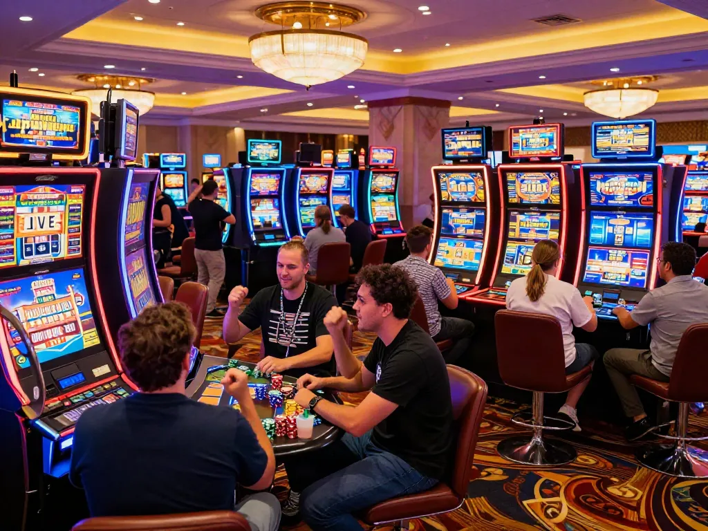 Excited players enjoying the Lucky777 gaming experience on a vibrant casino floor.